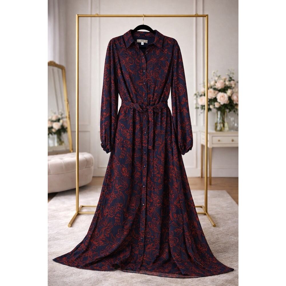 Jason Wu Floral Midi Dress Size 2 Navy Red Long Sleeve Bow Tie Neck Romantic